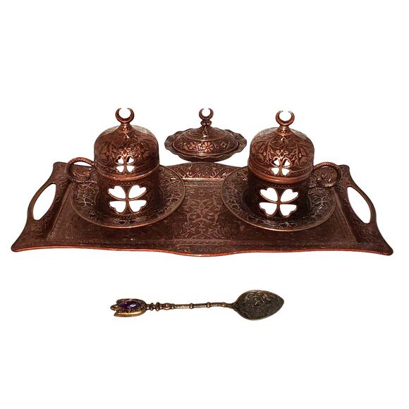 SENA Ornate Copper Tea & Espresso Set – 12pc Vintage Turkish Craft - Picture 1 of 10
